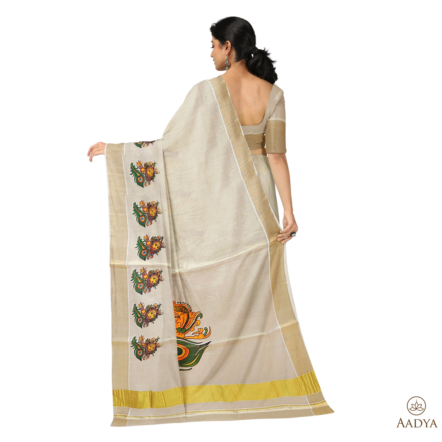 Kuthampully Golden Tissue Saree Krishna  Pattern