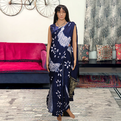 PURE MODAL WHITE BLUE INDIGO DYE SHIBORI  DESIGN SAREE