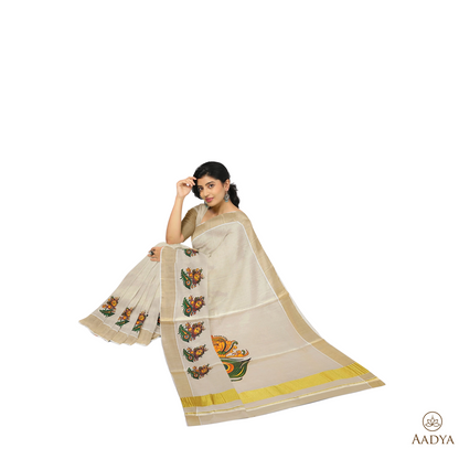 Kuthampully Golden Tissue Saree Krishna  Pattern