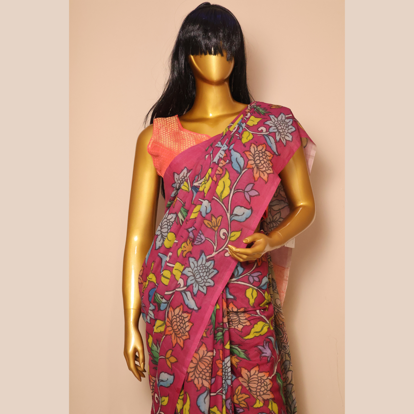 Hand Painted Pen Kalamkari Cotton Saree with floral Design