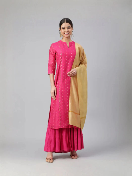 Pink Chanderi Silk Kurti with Golden Motif Work, Sharara Bottom & Dupatta Set