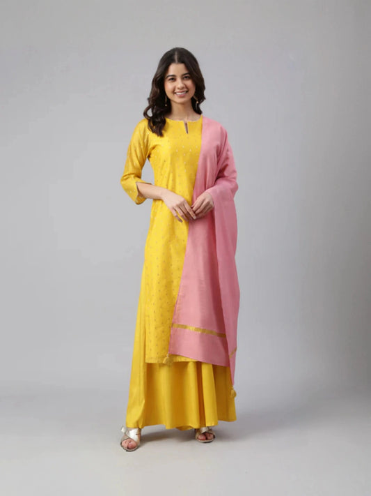 Yellow Chanderi Silk Woven Kurta with Palazzo and Dupatta