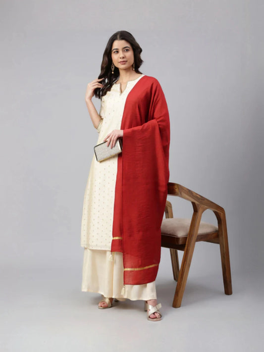 Beige Chanderi Silk Woven Kurta with Palazzo and Dupatta