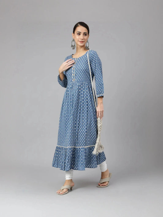 Blue Cotton Ethnic Printed Flared Kurta