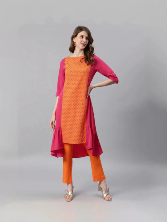 Orange & Pink Combination Poly Crepe A-Line Kurta