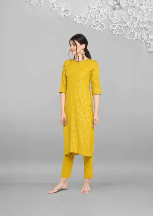 Mustard Poly Crepe Gold Print Kurta with Pant and Dupatta