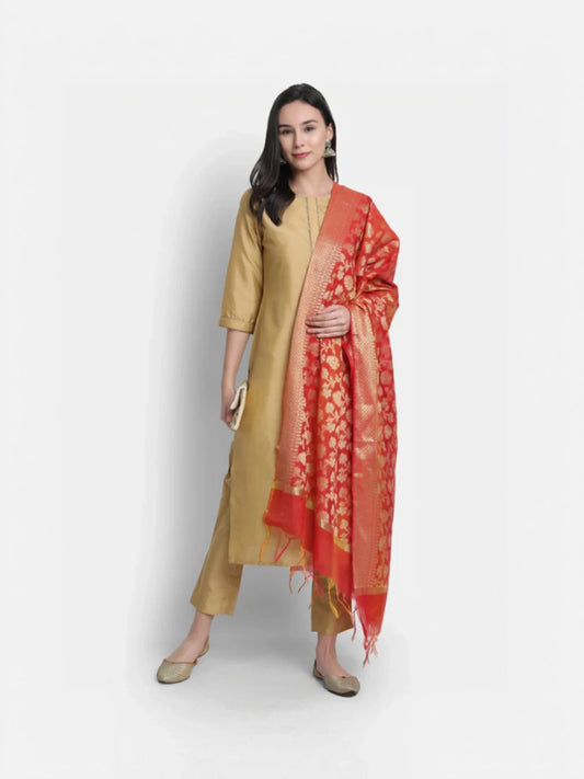 Gold Poly Silk Solid Kurta with Pant and Dupatta