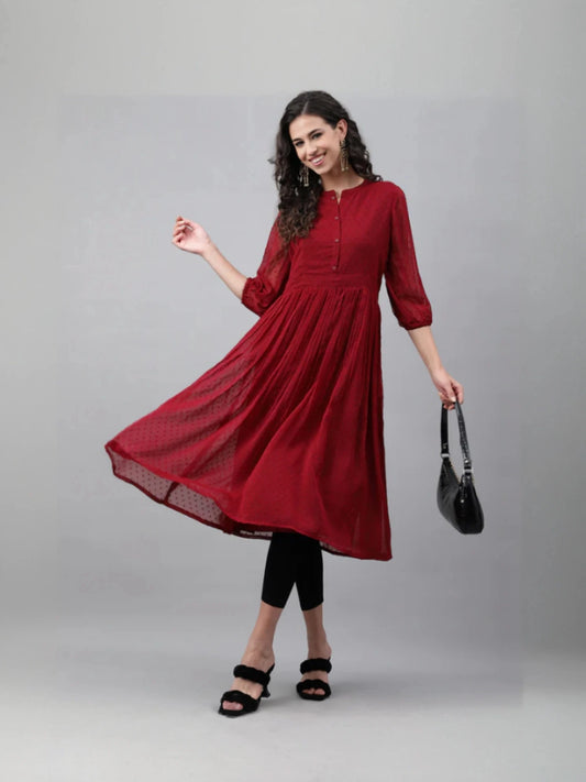 Maroon Gathered Chiffon Flared Kurta