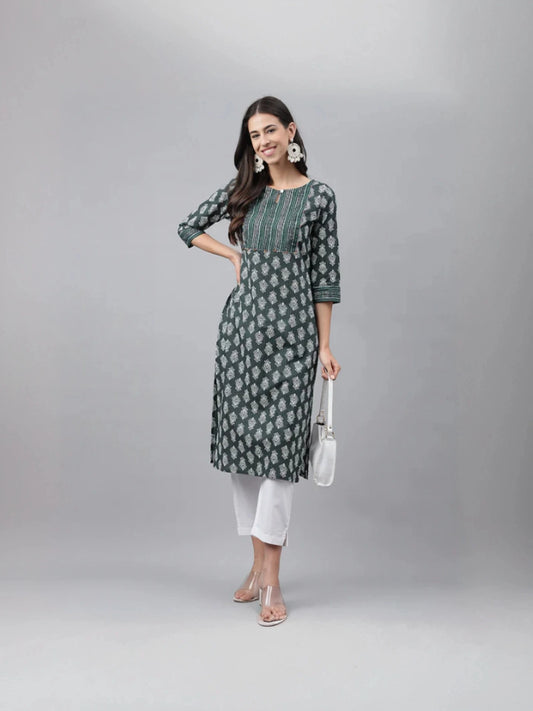 Dark Green Ethnic Motif Printed Straight Kurta