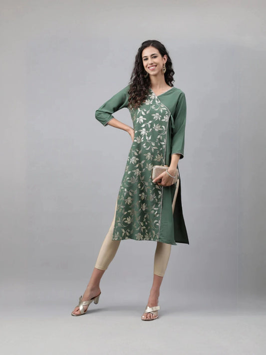 Green Crepe Foil Printed Angrakha Kurta