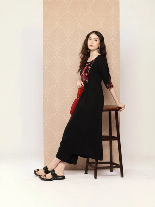 Women's Black Rayon Yoke Embroidered A-Line Kurta