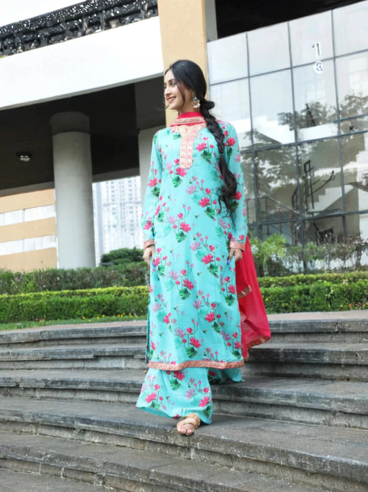 Turquoise Blue Floral Print Kurta Palazzo With Dupatta