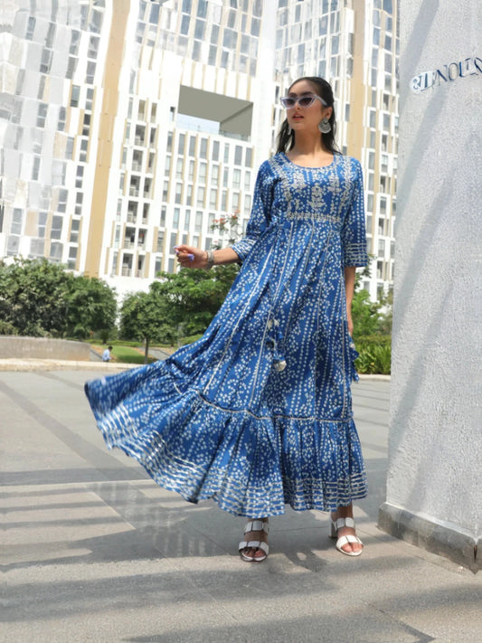 Blue Bandhani Print Maxi Dress