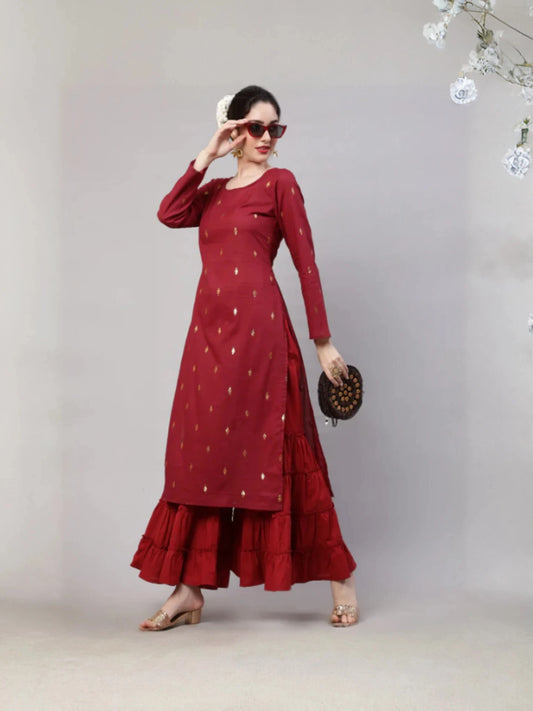 Maroon Cotton Straight Kurta with Golden Motif