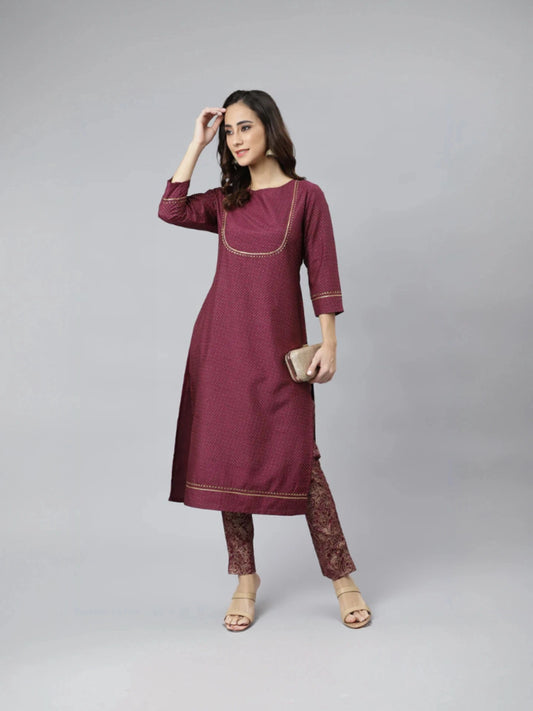 Wine Red Poly Silk Golden Printed Kurti & Bottom Set