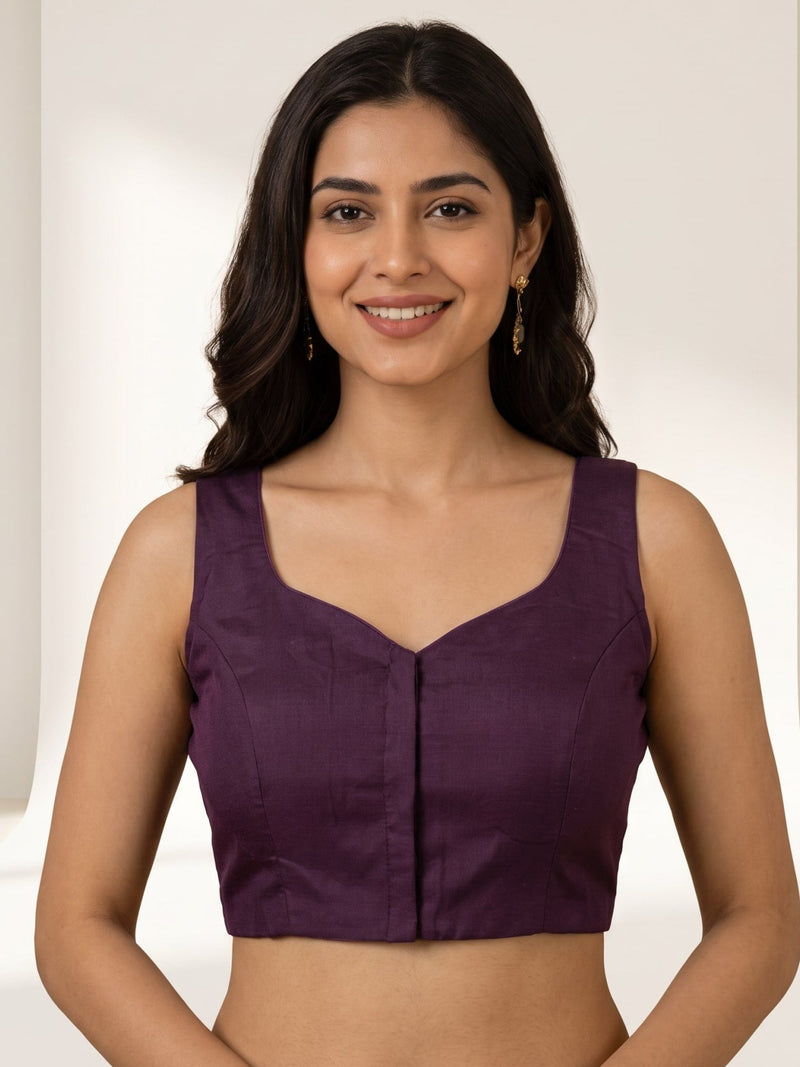 Dark purple premium silk plain padded sleeveless saree blouse with sweetheart neck