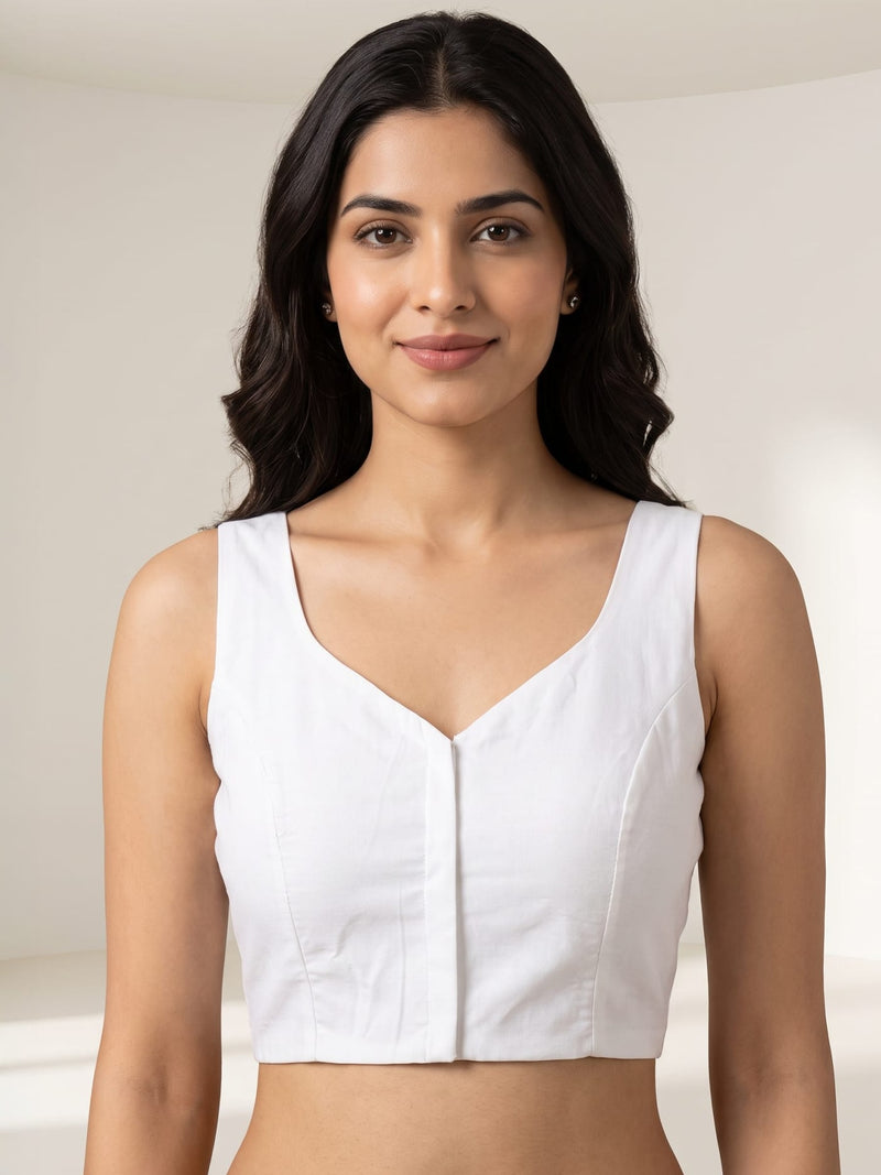 White premium silk plain padded sleeveless saree blouse with sweetheart neck