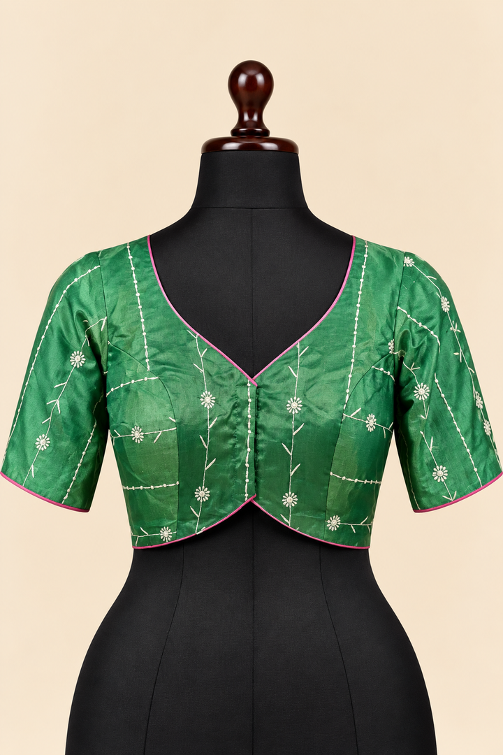 Green satin silk V neck front open padded blouse with elbow sleeves - front view