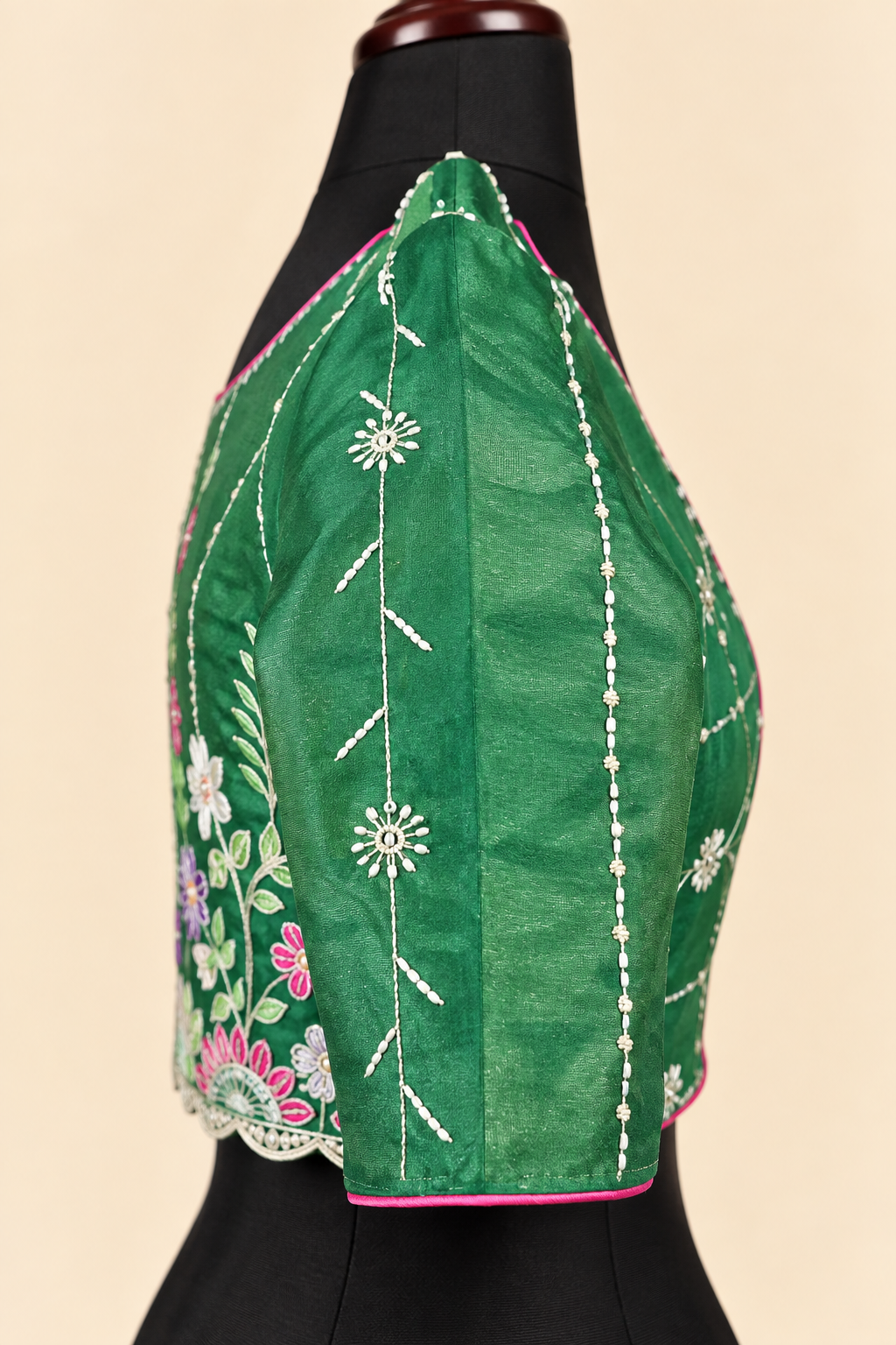 Green satin silk blouse - elbow sleeve embroidery detail