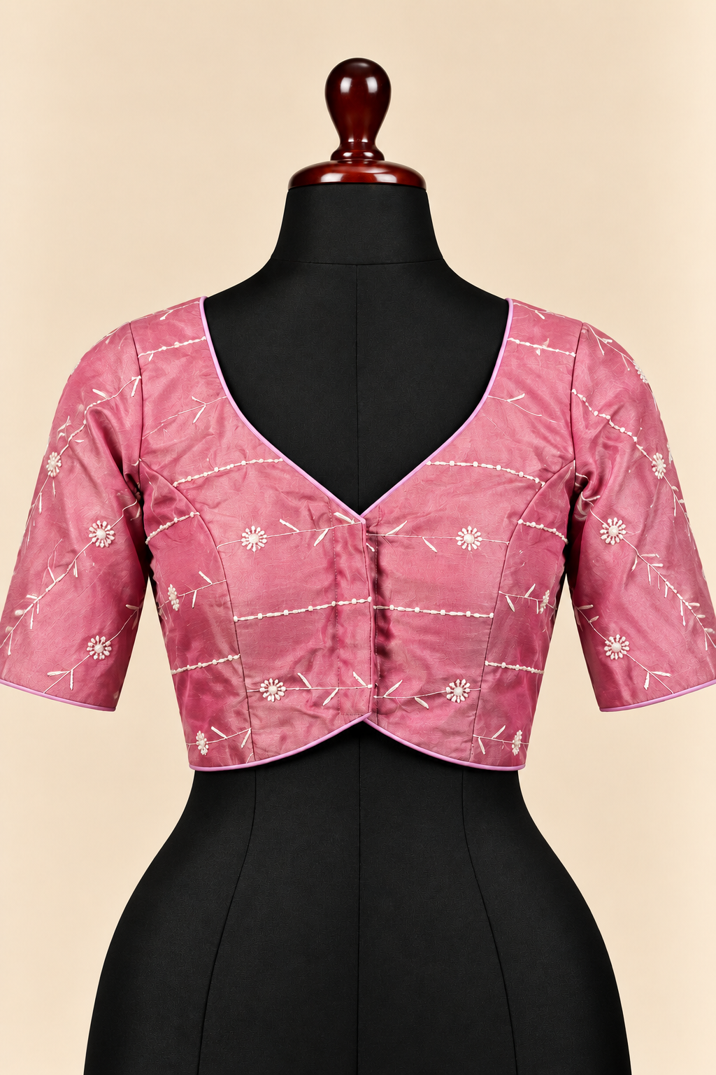 Pink satin silk V neck front open padded blouse with elbow sleeves - front view
