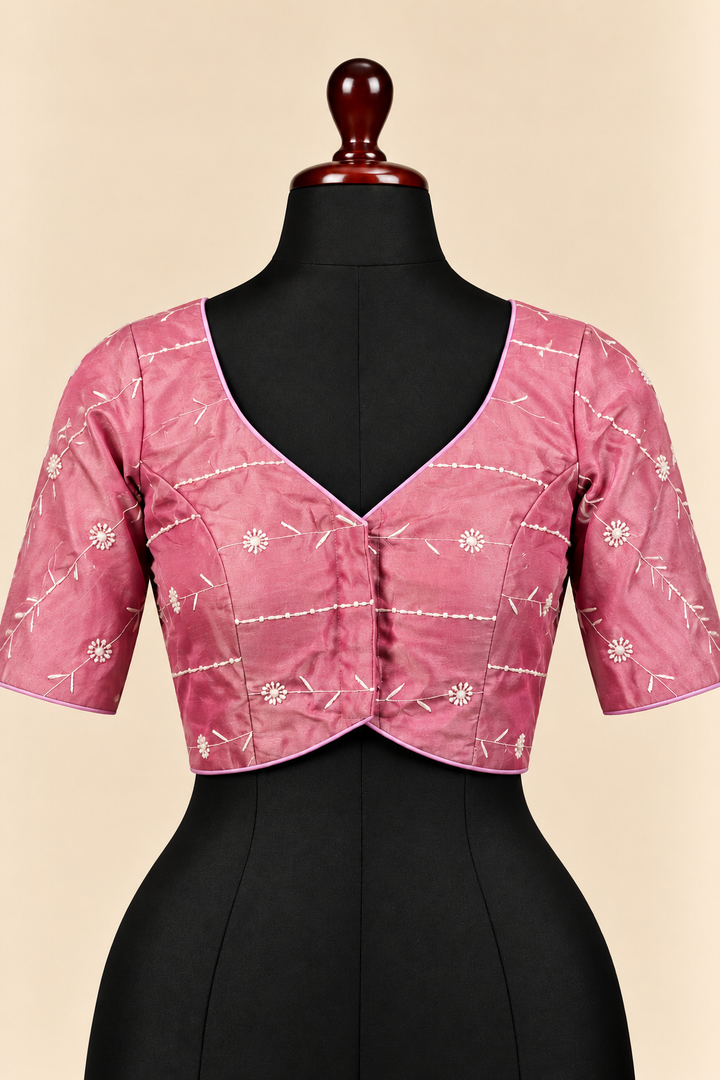 Pink satin silk V neck front open padded blouse with elbow sleeves - front view