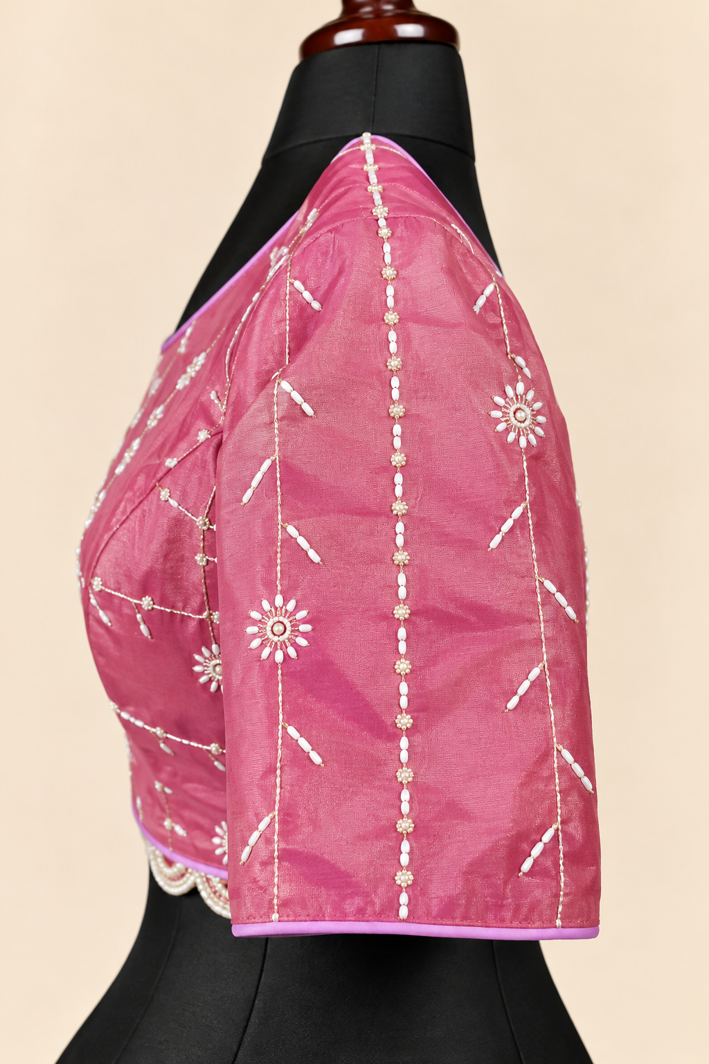 Pink satin silk blouse - elbow sleeve embroidery detail