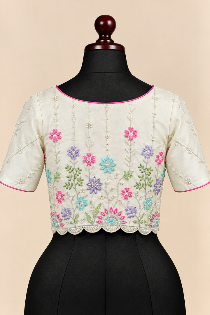 Cream satin silk embroidered readymade blouse - back view with multicolour floral embroidery and scalloped hem