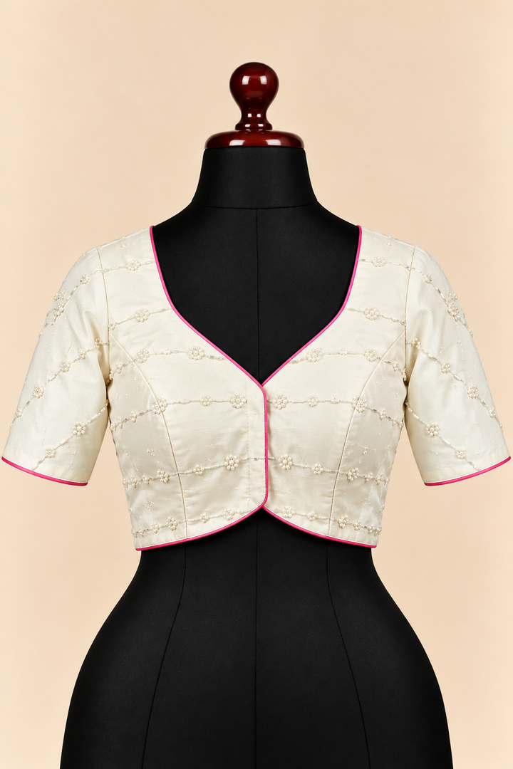 Cream satin silk V neck front open padded blouse with elbow sleeves - front view