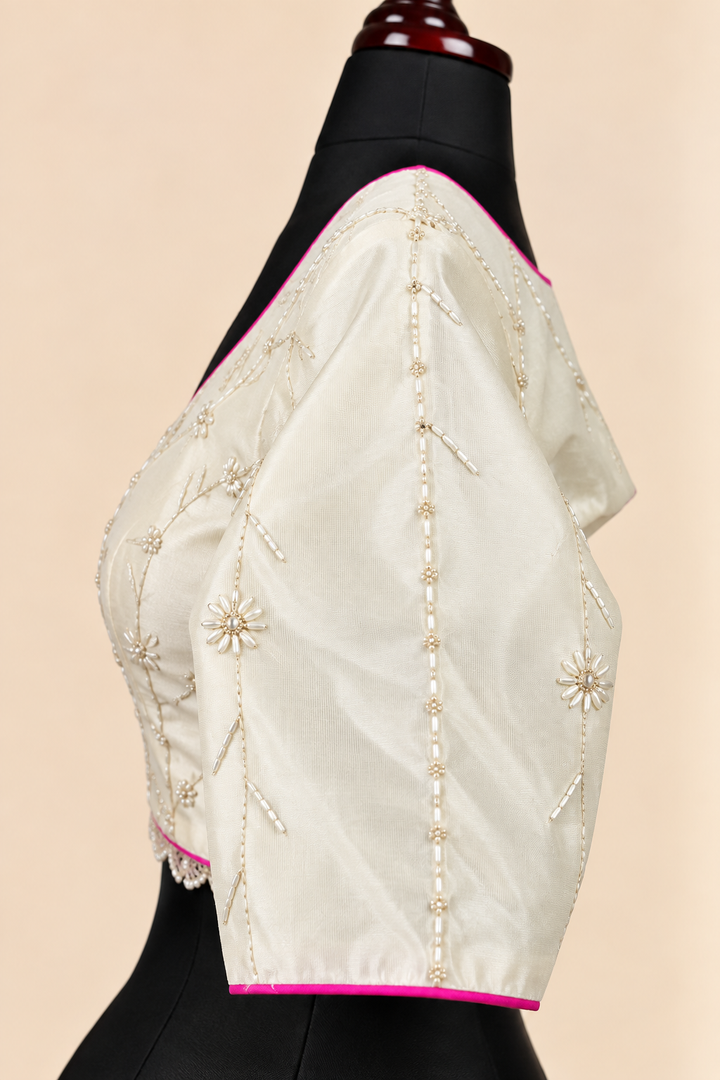 Cream satin silk blouse - elbow sleeve embroidery detail