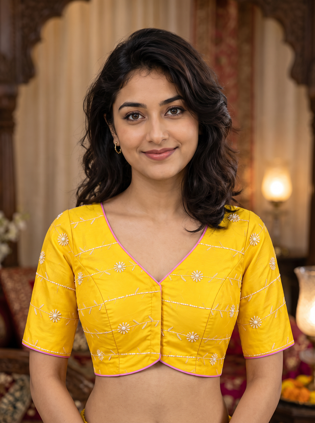 Yellow satin silk embroidered saree blouse