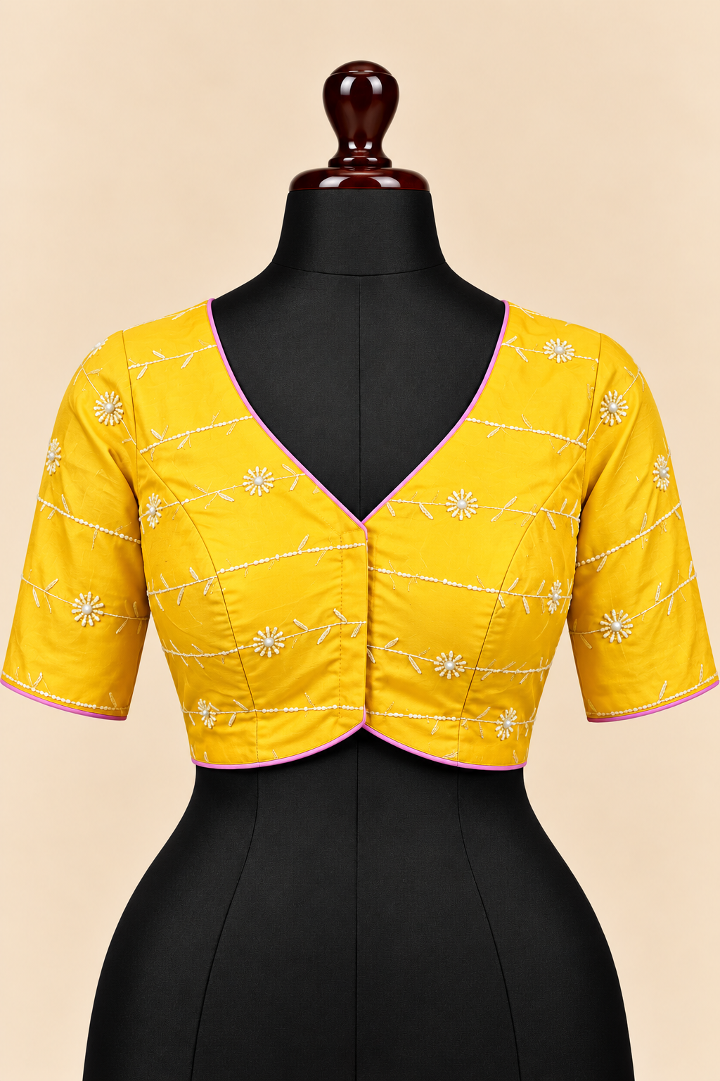 Yellow satin silk V neck front open padded blouse with elbow sleeves - front view
