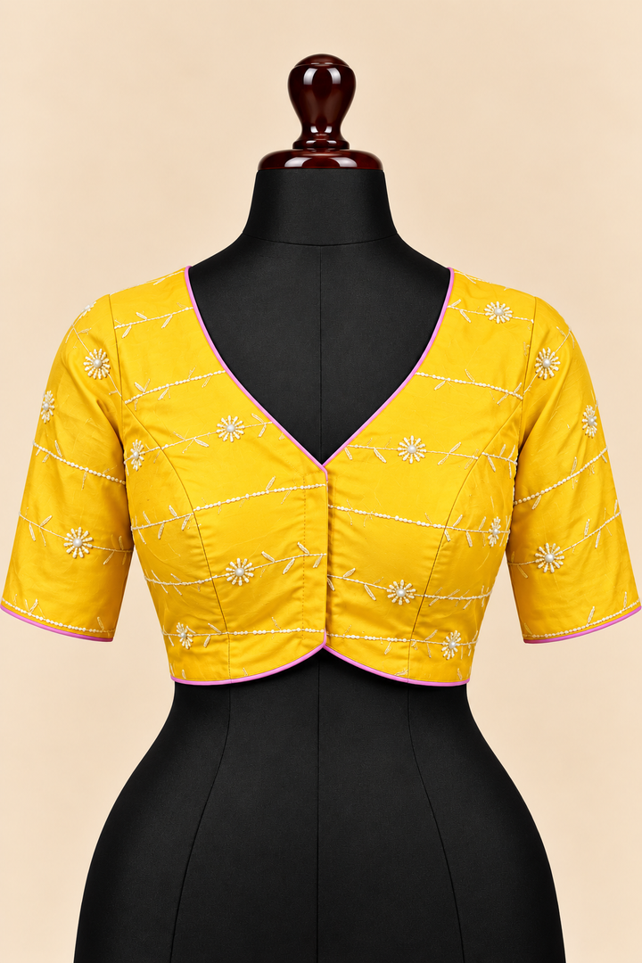 Yellow satin silk V neck front open padded blouse with elbow sleeves - front view