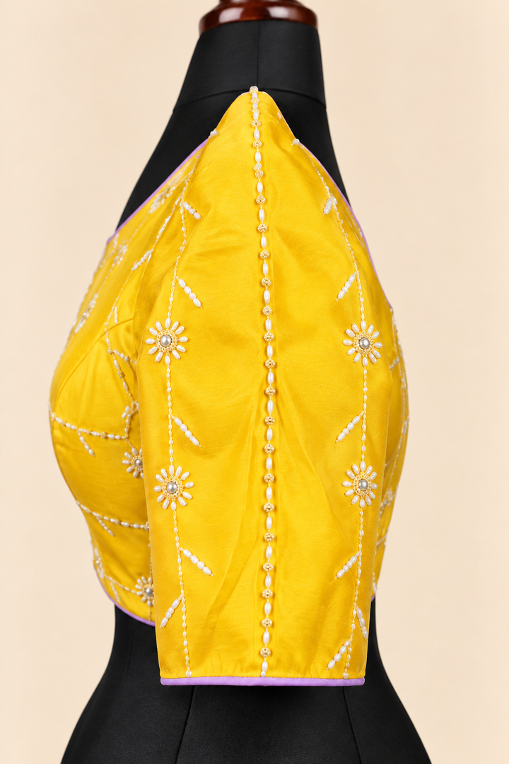 Yellow satin silk blouse - elbow sleeve embroidery detail