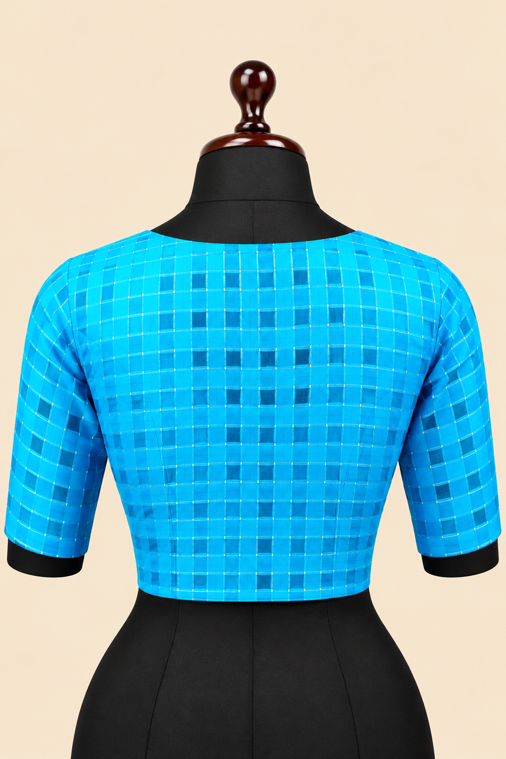 Blue Banarasi Zari Check Readymade Blouse with V-Shaped Sheer Back &amp; Sheer Sleeves