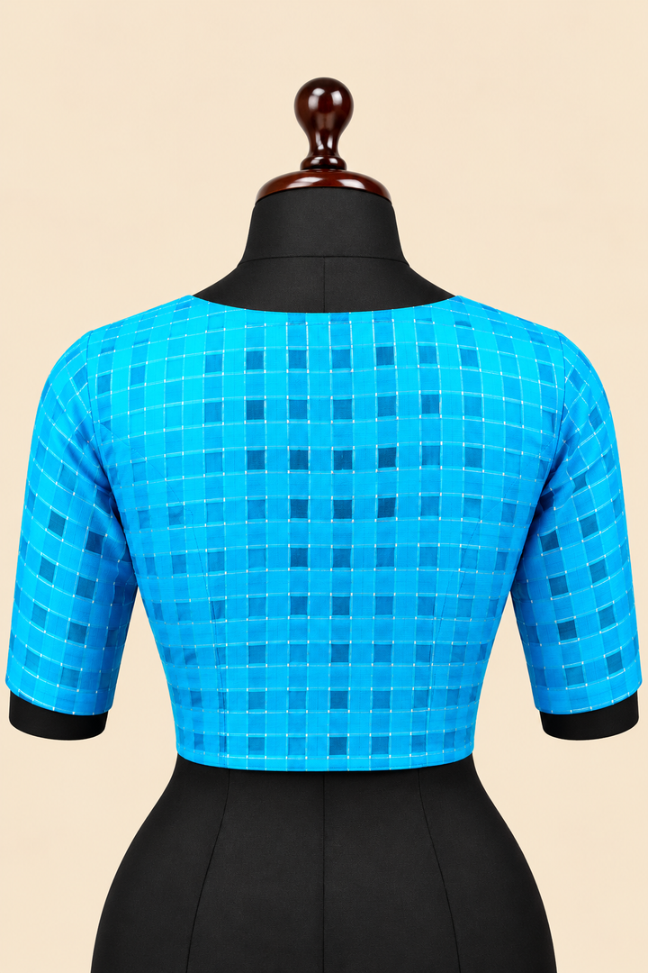 Blue Banarasi Zari Check Readymade Blouse with V-Shaped Sheer Back &amp; Sheer Sleeves
