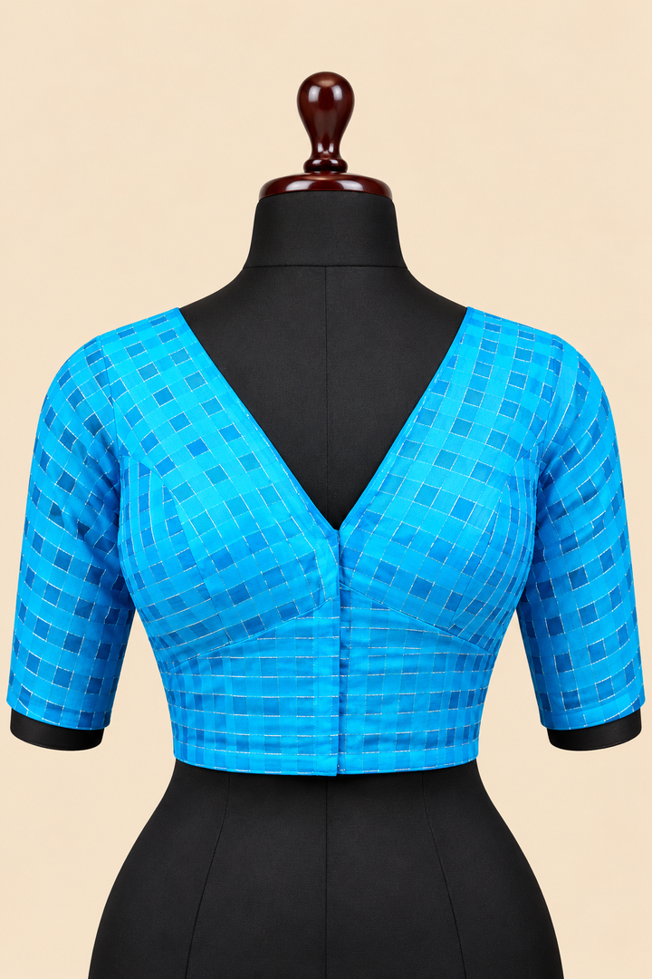 Blue Banarasi Zari Check Readymade Blouse with V-Shaped Sheer Back &amp; Sheer Sleeves