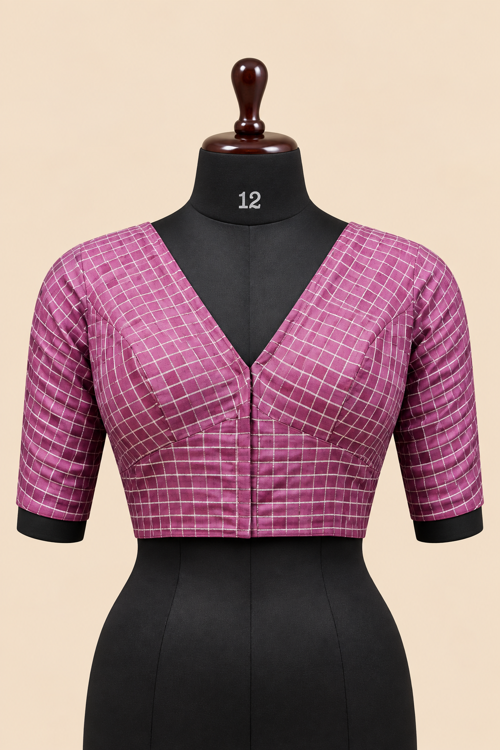 Purple Banarasi Zari Check Readymade Blouse with V-Shaped Sheer Back &amp; Sheer Sleeves