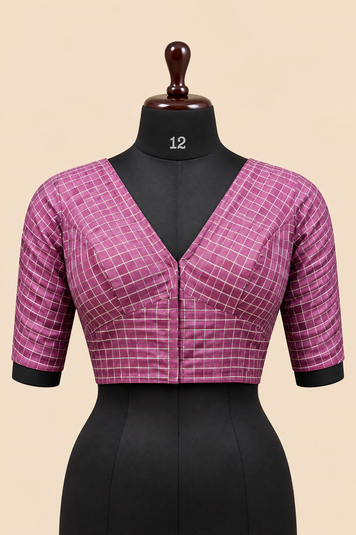 Purple Banarasi Zari Check Readymade Blouse with V-Shaped Sheer Back &amp; Sheer Sleeves