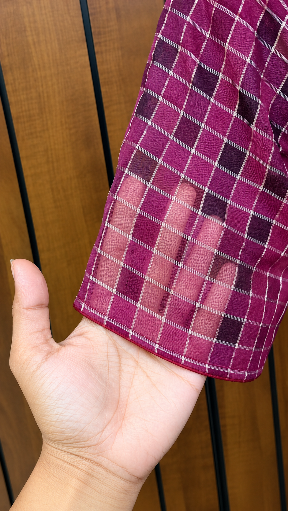 Purple Banarasi Zari Check Readymade Blouse with V-Shaped Sheer Back &amp; Sheer Sleeves