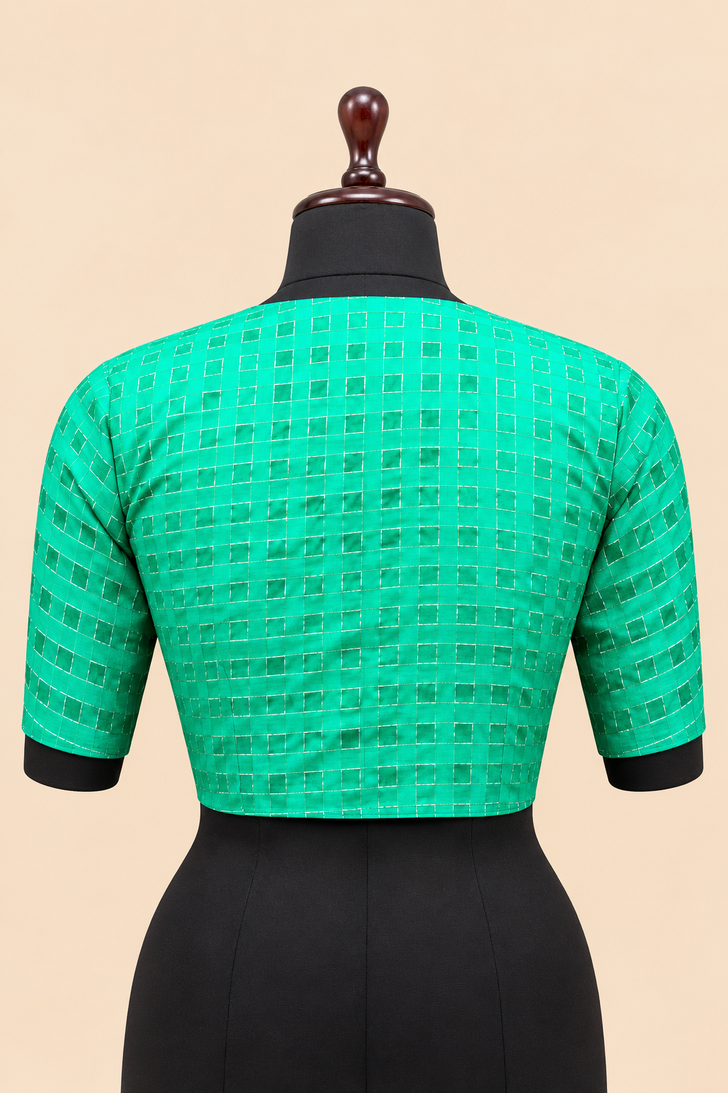 Green Banarasi Zari Check Readymade Blouse with V-Shaped Sheer Back &amp; Sheer Sleeves