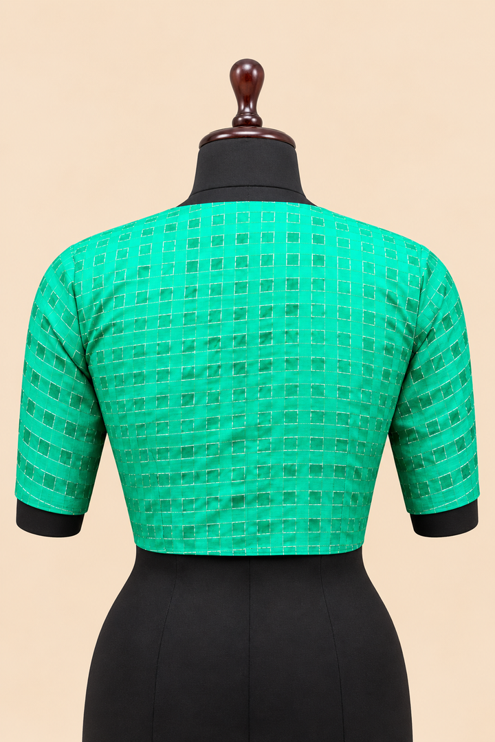 Green Banarasi Zari Check Readymade Blouse with V-Shaped Sheer Back &amp; Sheer Sleeves