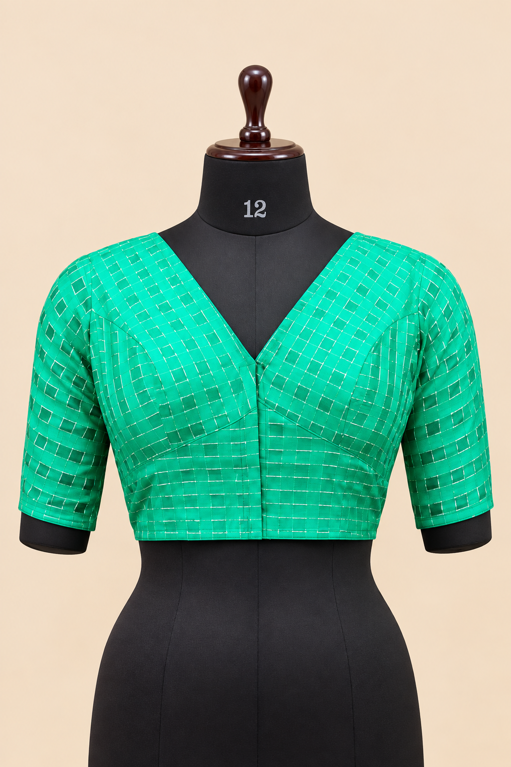 Green Banarasi Zari Check Readymade Blouse with V-Shaped Sheer Back &amp; Sheer Sleeves