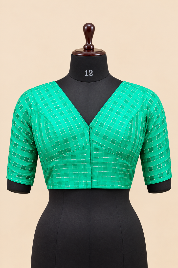 Green Banarasi Zari Check Readymade Blouse with V-Shaped Sheer Back &amp; Sheer Sleeves
