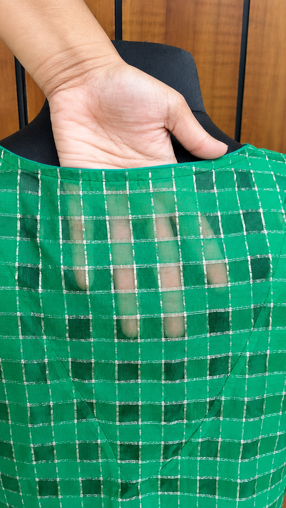 Green Banarasi Zari Check Readymade Blouse with V-Shaped Sheer Back &amp; Sheer Sleeves