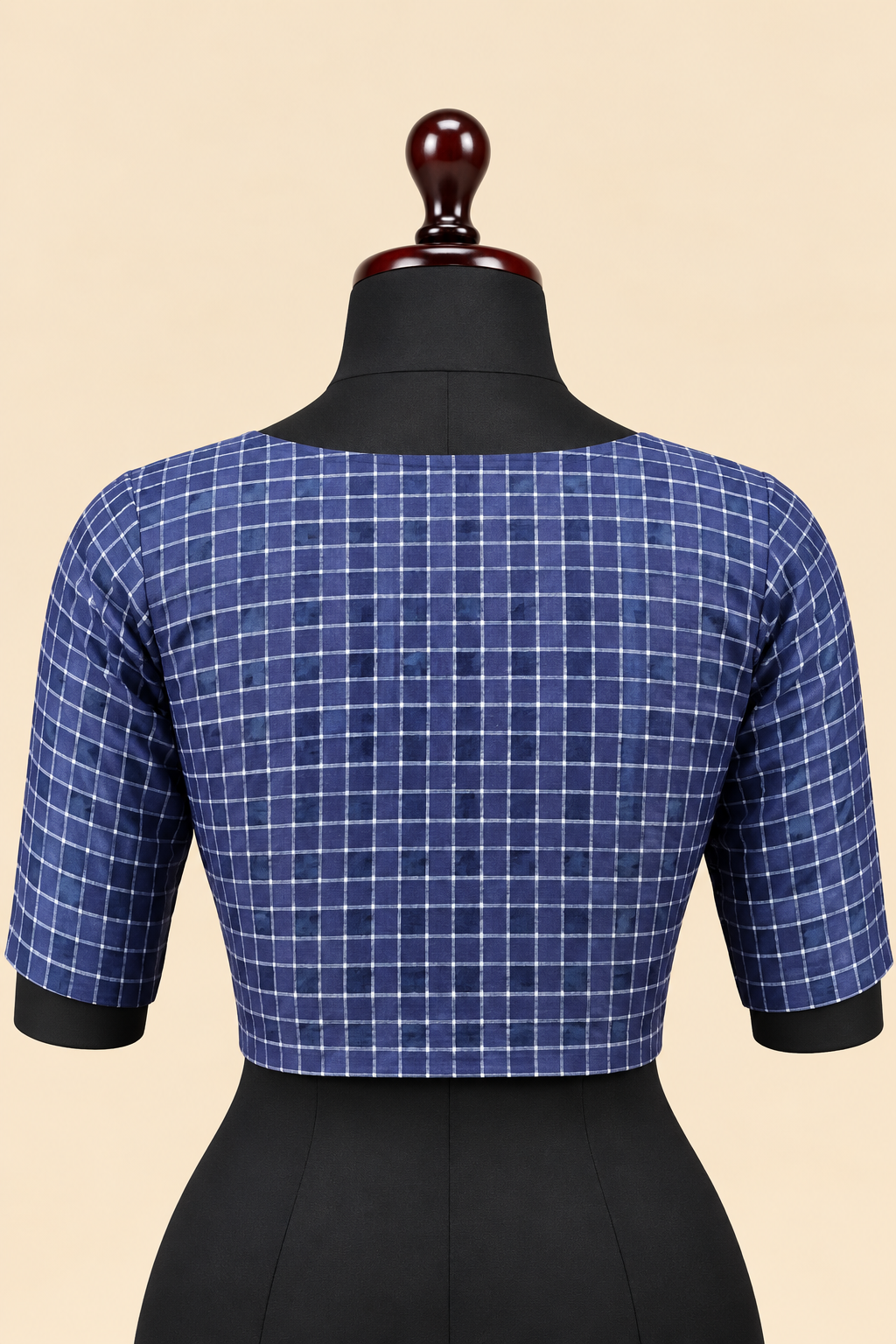 Navy Blue Banarasi Zari Check Readymade Blouse with V-Shaped Sheer Back &amp; Sheer Sleeves