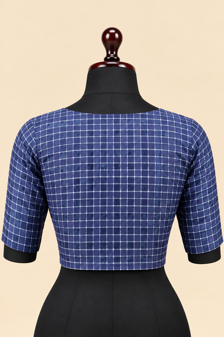 Navy Blue Banarasi Zari Check Readymade Blouse with V-Shaped Sheer Back &amp; Sheer Sleeves