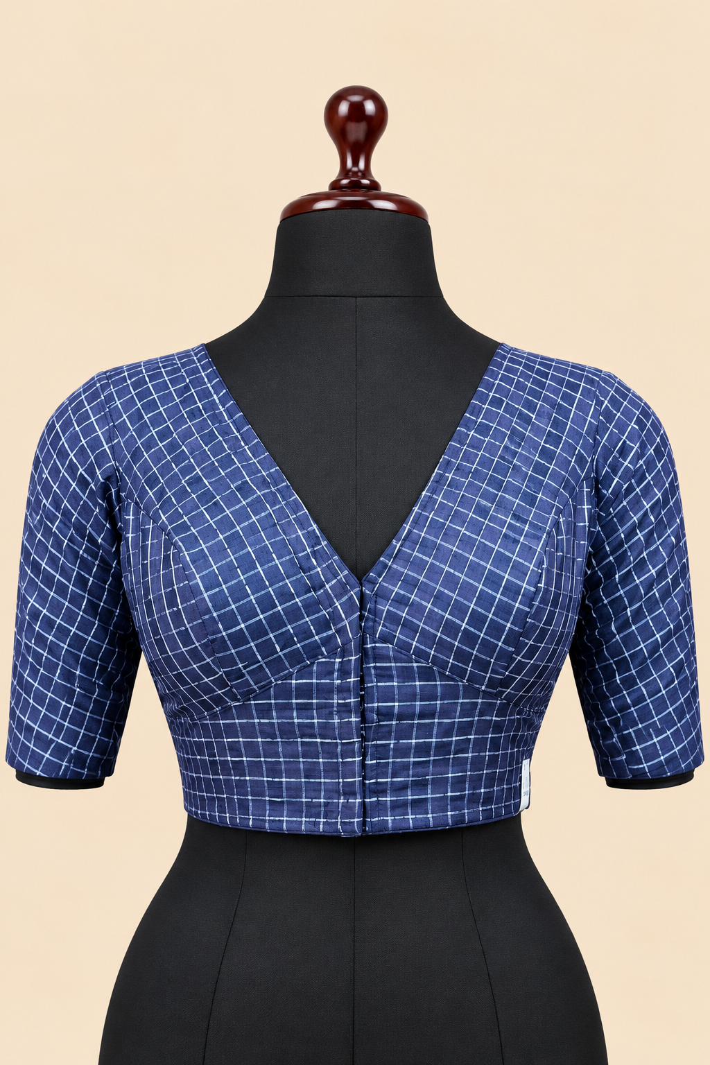 Navy Blue Banarasi Zari Check Readymade Blouse with V-Shaped Sheer Back &amp; Sheer Sleeves
