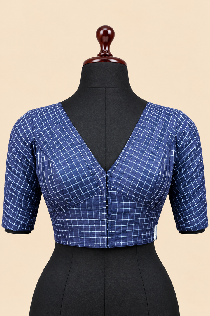 Navy Blue Banarasi Zari Check Readymade Blouse with V-Shaped Sheer Back &amp; Sheer Sleeves