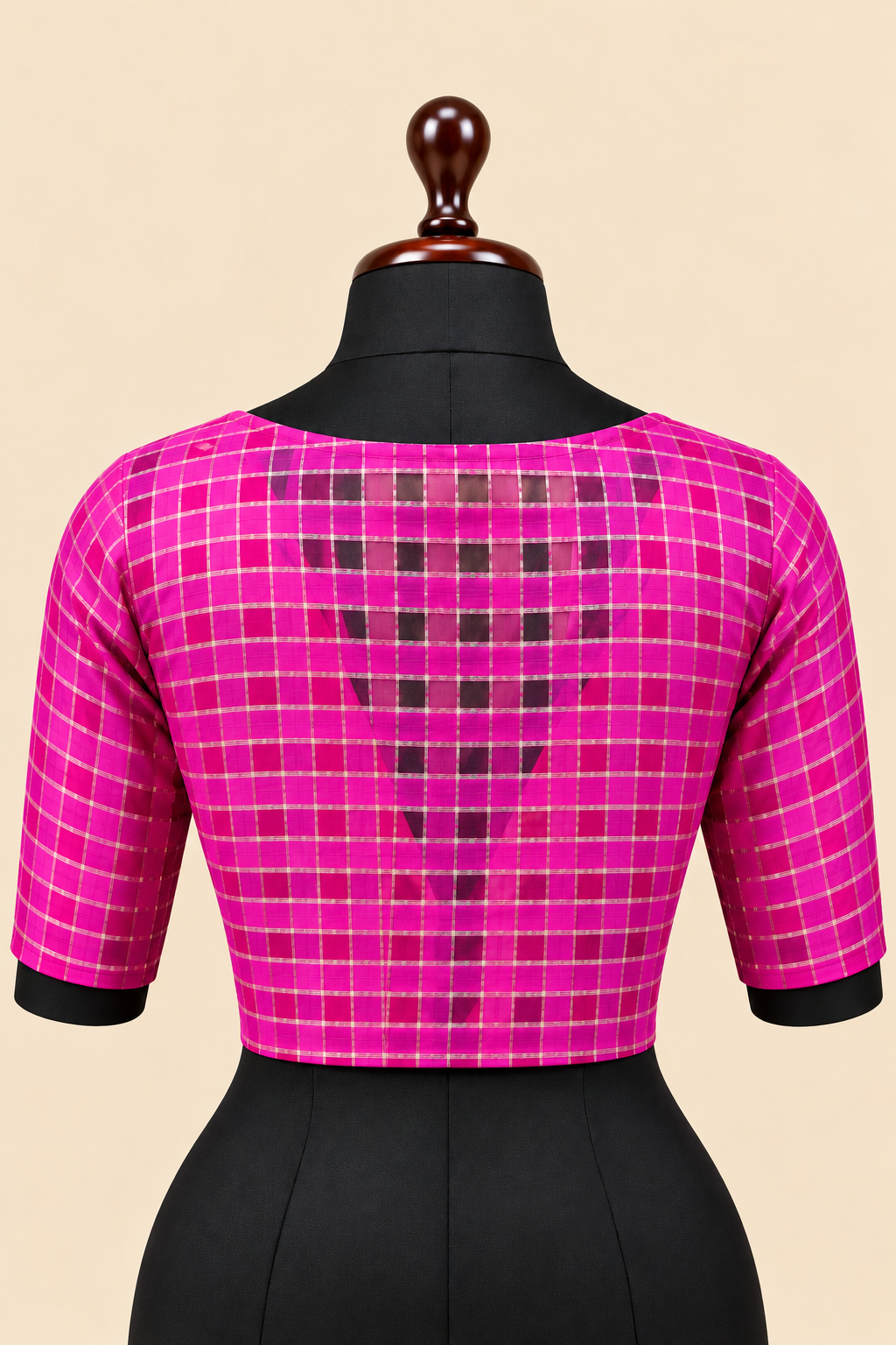 Pink Banarasi Zari Check Readymade Blouse with V-Shaped Sheer Back &amp; Sheer Sleeves
