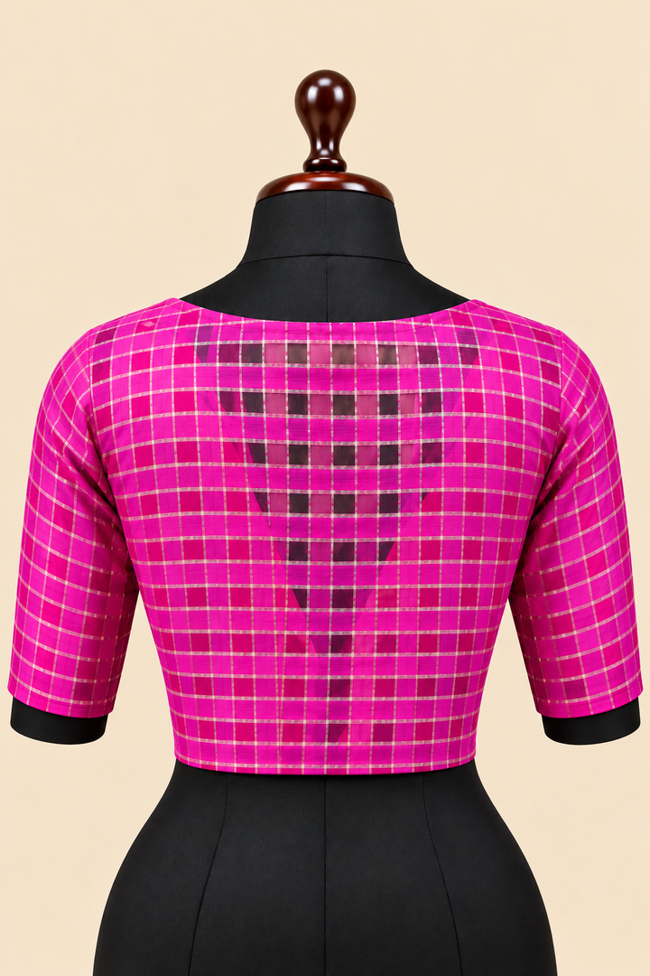 Pink Banarasi Zari Check Readymade Blouse with V-Shaped Sheer Back &amp; Sheer Sleeves